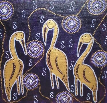 6-aboriginalmalerie ”THREE GOLDEN BIRDS” Acryl på lærred 20X20cm, Artist winnie maj nydahl paintings for sale in Gallery Art Danish